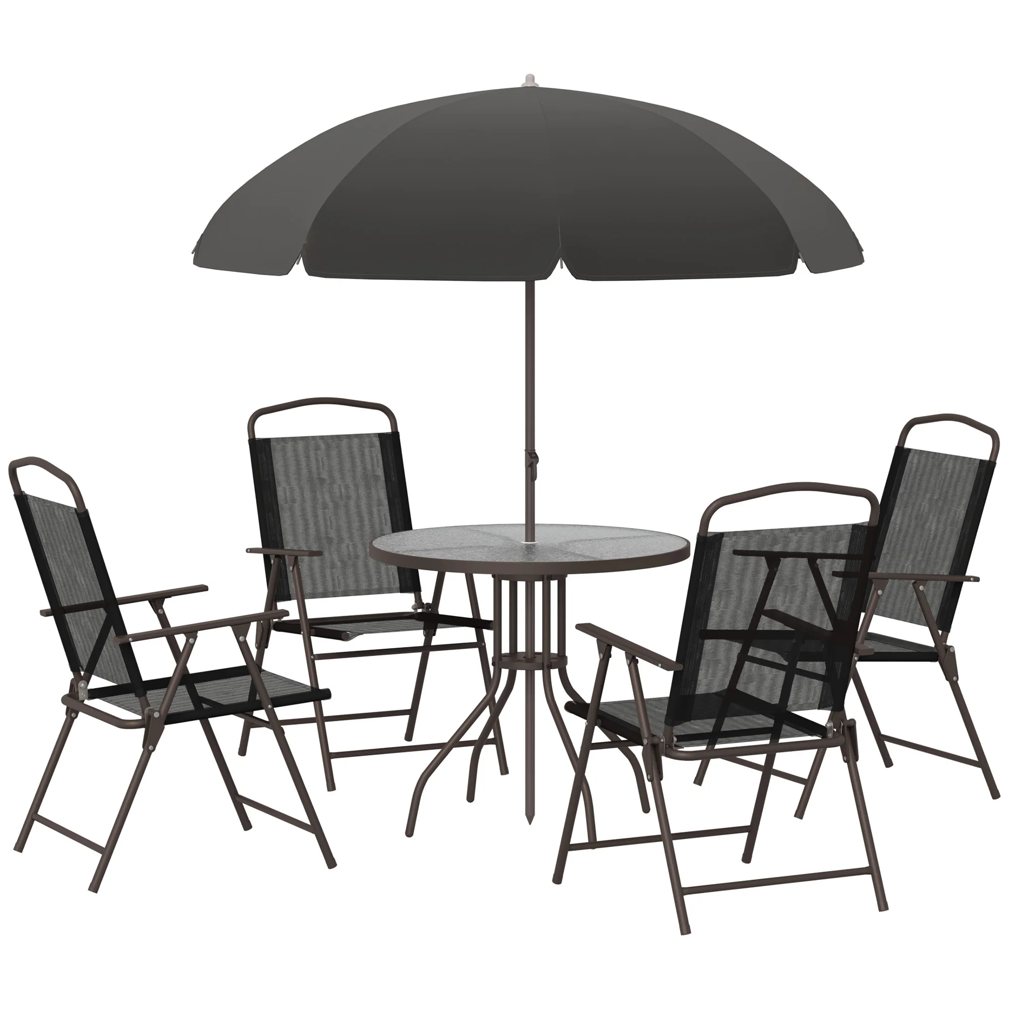 6 Piece Patio Dining Set with Umbrella, 4 Folding Chairs & Glass Table, Black and Coffee
