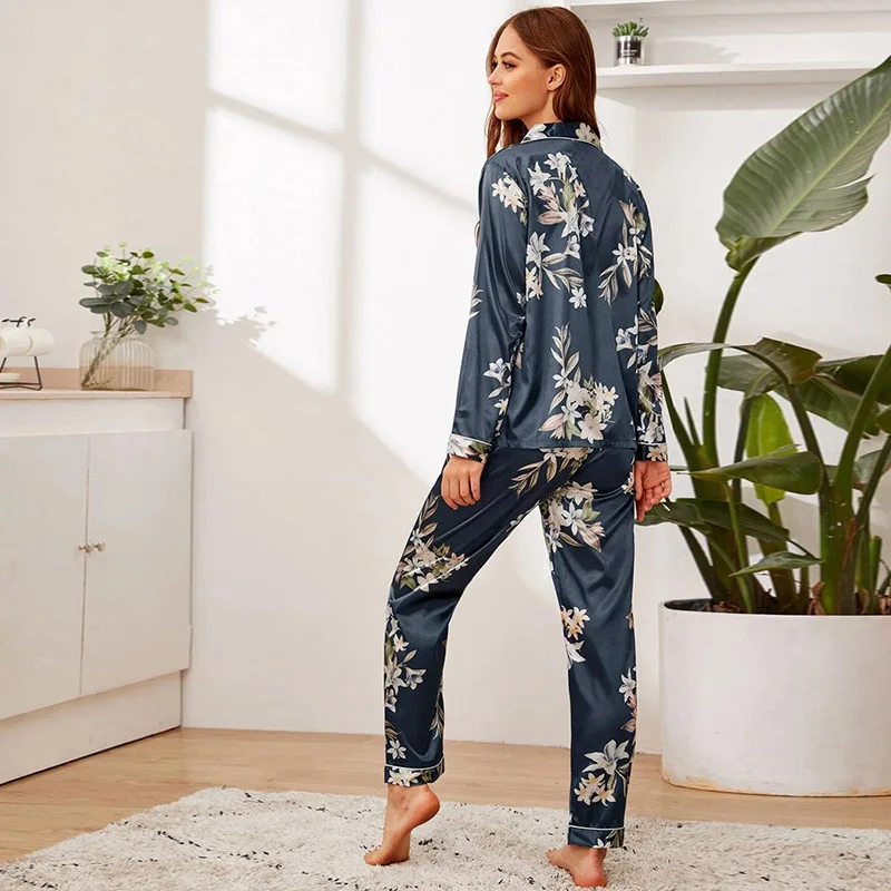 Herfst pyjama dames zijde satijnen pyjama set lange mouw tops en broek tweedelige set nachtkleding loungewear knoop Pijama Pj