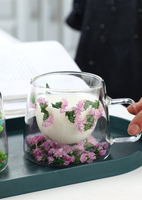 Dried Flowers Transparent Glass Tea Cup Coffee Mug with Handle Heat Resistant Double Wall Heat Insulation 200ML Garden romantic