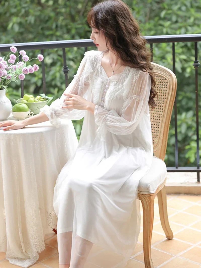 French Retro Princess Pajamas Nightdress for Women Spring Autumn Long Sleeve Mesh Modal Fairy Victorian Nightgowns Sleepwear