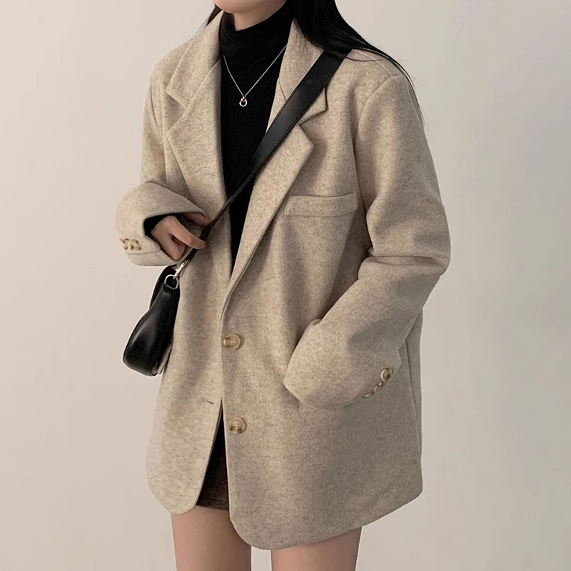 Classique Chic automne haut de gamme sentiments ample décontracté polyvalent Long manteau en laine pour les femmes trajet Sle bouton unique