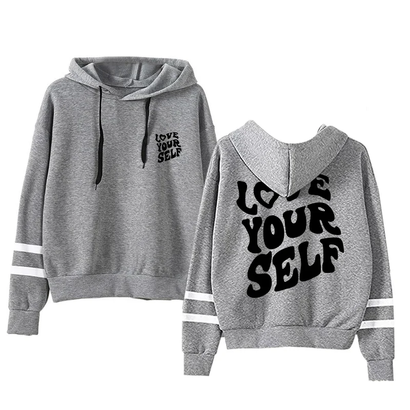 Offres spéciales sweats à capuche femmes sweats Love Yourself imprimer polyvalent rayure pulls Jogging sport vêtements décontracté femme sweats à capuche