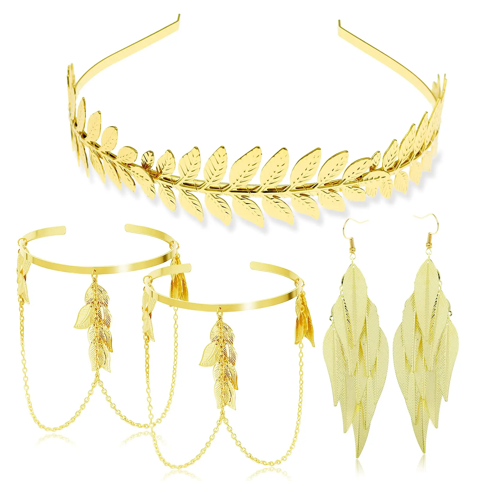 

4 Piece Set Greece Goddess Leaf Laurel Costume Accessory Set Roman Robe Party Headband Upper Arm Cuff Bracelet With Earrings Jew