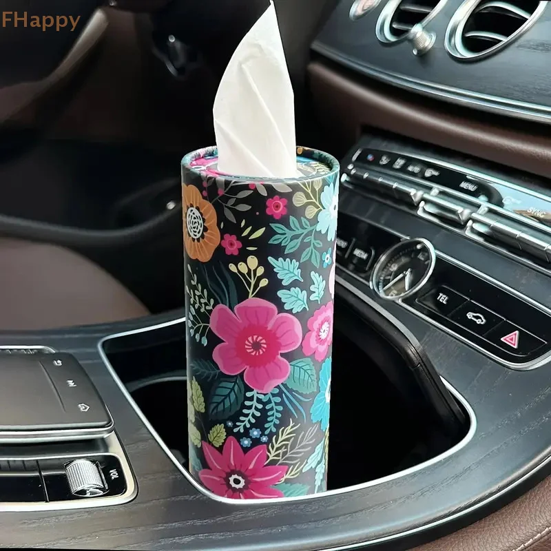 

Floral Pattern Car Tissue Holder With Tissue Travel Cylinder Tissue Box For Car Cup Holder Suitable For Home Tables