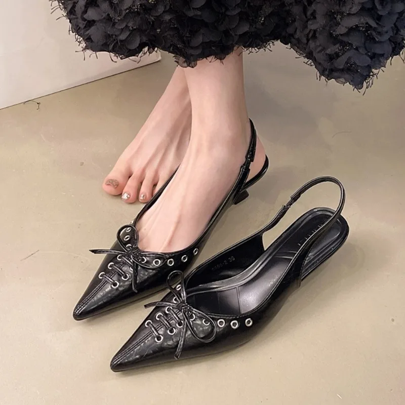2025 New Summer French Black Pointed Bowknot Mid-heel Overhead Sandals for Women Elegance Skinny Heel Back Empty Shoes