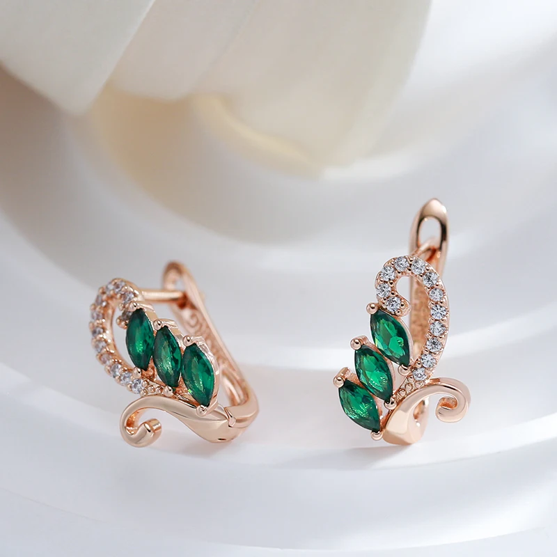 Kinel Luxury Green Natural Zircon Drop Earrings For Women 585 Rose Gold Color White Stone Daily Easy Matching Fine Jewelry Gift
