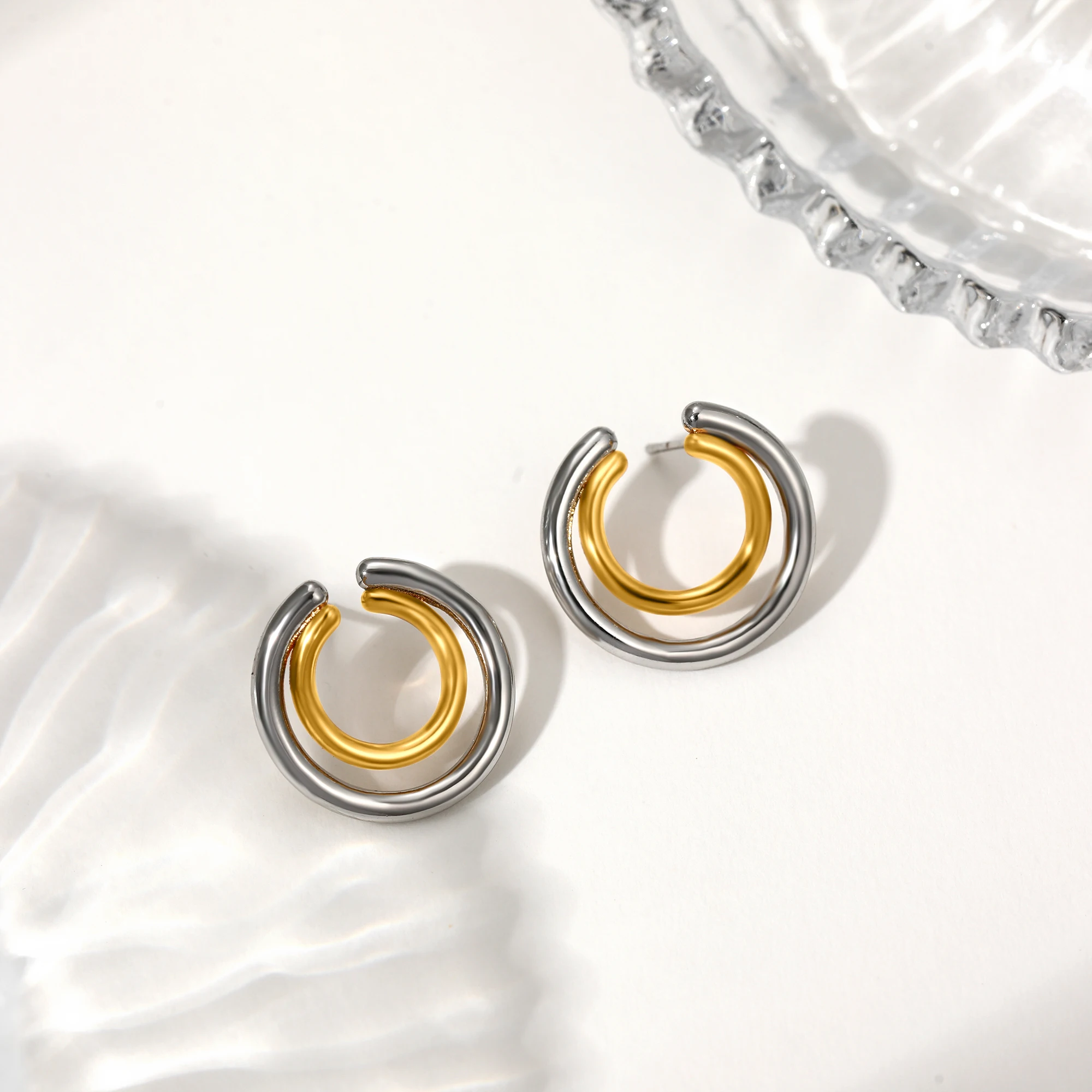 

Simple Double Layer Round Hollow Hoop Earrings Stainless Steel Gold Silver Mix Color Geometric Ear Studs Jewelry Christmas Gifts