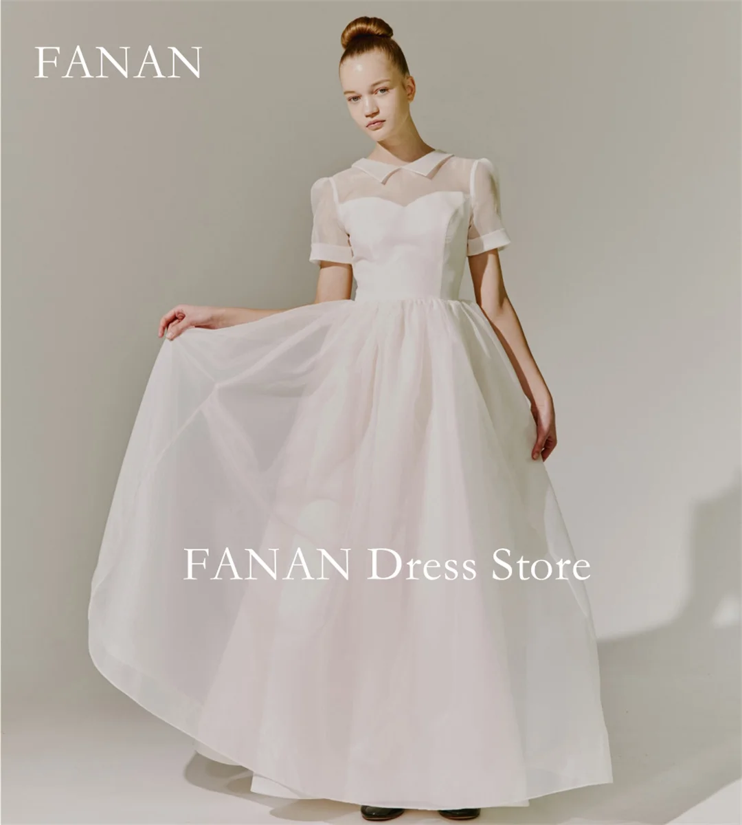 Fanan Korea High Neck Ivory Wedding Dresses  웨딩드레스 Organza Short Sleeves Customized Ruched Photoshoot Bride Gowns Plus Size