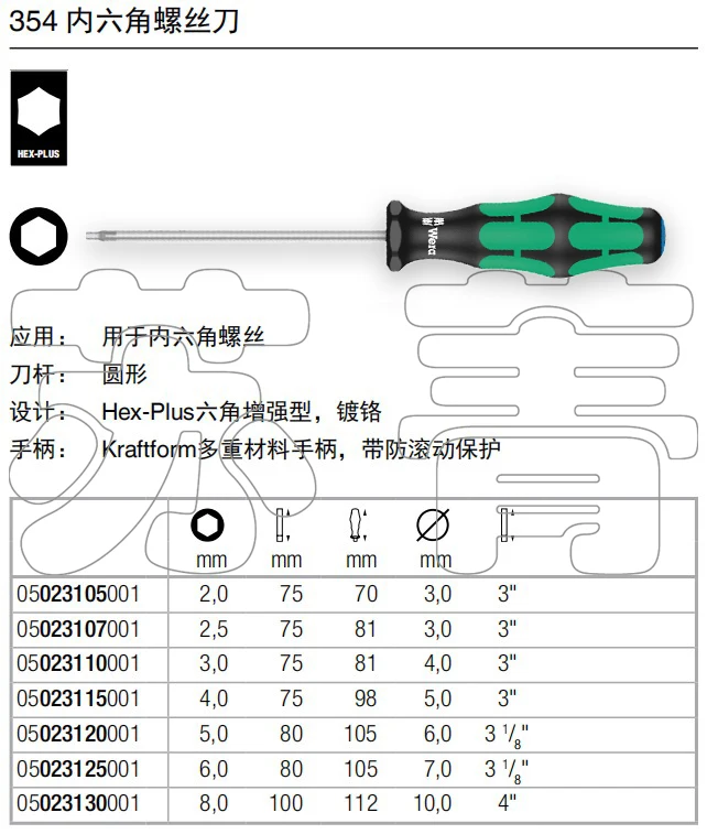 German Vera Wera flat head hexagonal screwdriver 354 series