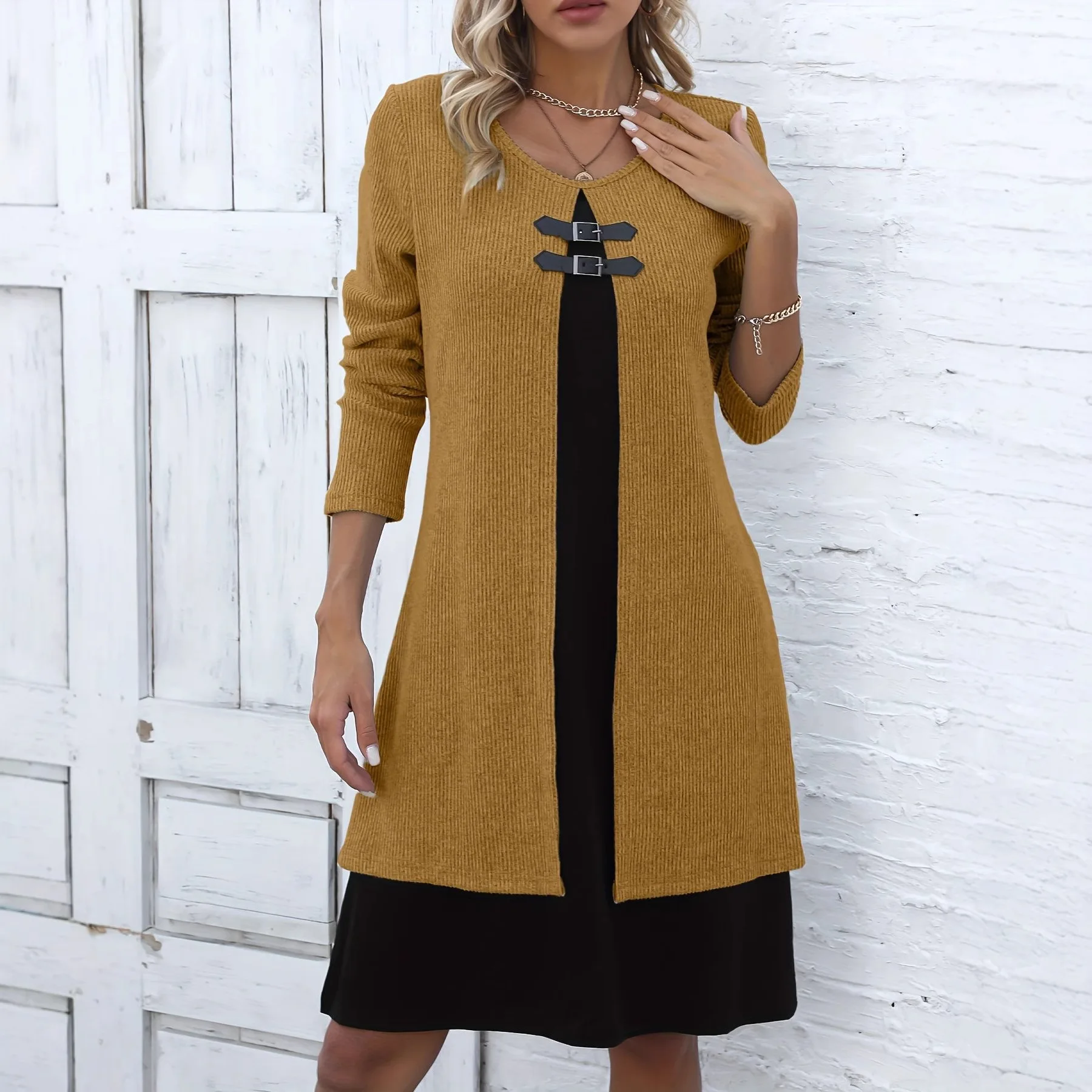 Robe deux pièces élégante à blocs de couleurs, mode automne hiver, Style européen, boutons sur le devant, coupe cintrée, manches longues, robes de bureau décontractées