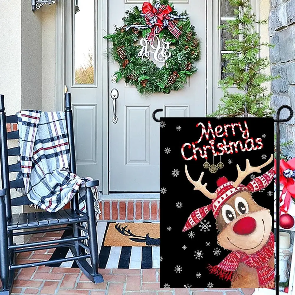 RABUSOFA Merry Christmas Reindeer Garden Flag 12x18 Inch Double Sided for Outside, Winter Snowflake Cute Deer Xmas Holiday Yard 