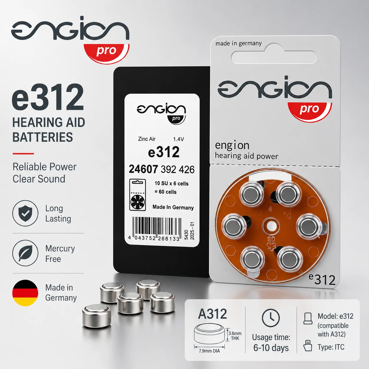 Size 312 PR41 Zinc Air Hearing Aid Batteries 60Pcs Engion 1.45V Brown Tab for ITC RIC Hearing Amplifier Devices