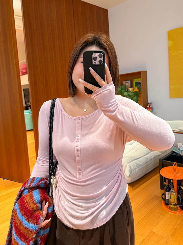 

Женская футболка больших размеров с длинным рукавом, осенне-зимняя, с воротником хенли, облегающая, комфортная, для ношения под одеждой, Wooden Son Ideal