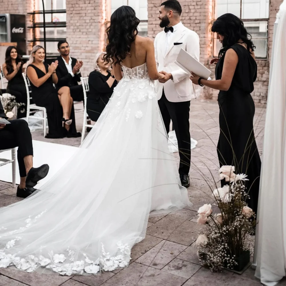 Customized Floral Lace Wedding Dresses Sweetehart A Line Bride Dress with Slit Tulle Bohemian Corset Robe De Mariage