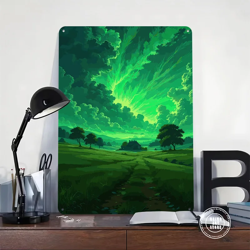 Green Landscape With Glowing Sky 3D Printed Texture Poster Personalized Wall Art Retro Metal Tin Signs for Wand Deko Room Decor