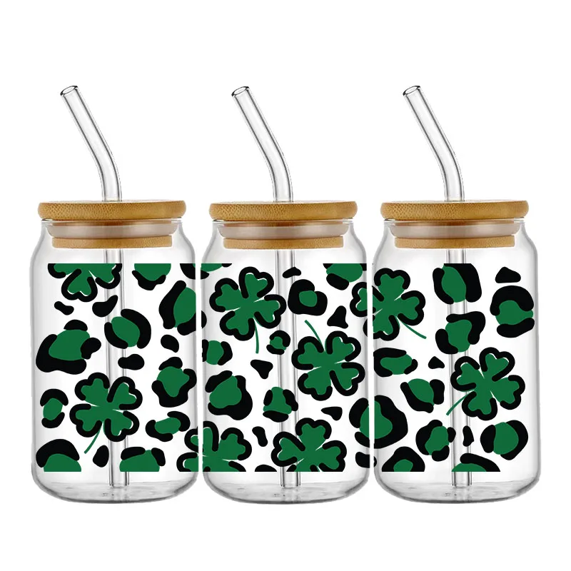 Green Four Leaf Clover Lucky UV DTF Cup Wrap Transfer Stickers  For 16OZ Libbey Glass Beer Can tumbler Stickers Waterproof DIY