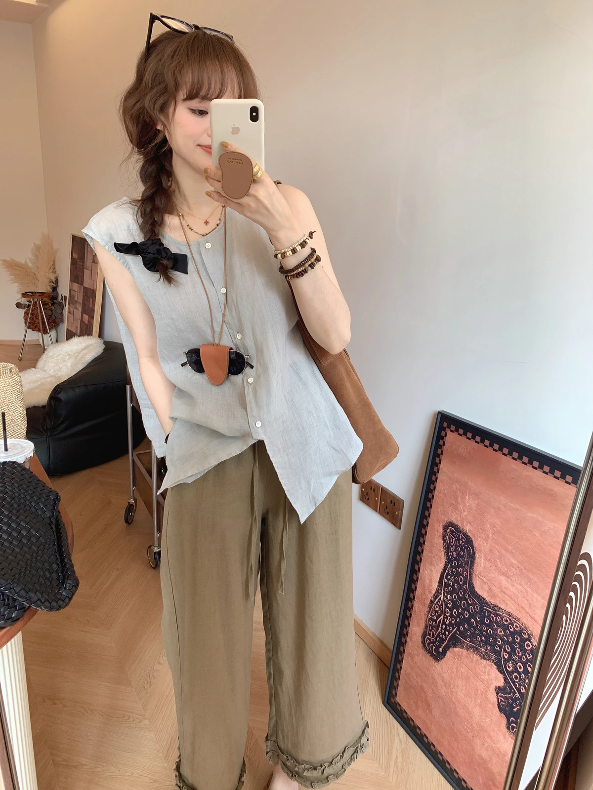 

Summer New Pure Color Thin Hemp Svel Vest Simple Artistic Sle Front And Ba Wear Women's Tank Top round Ne Single ...
