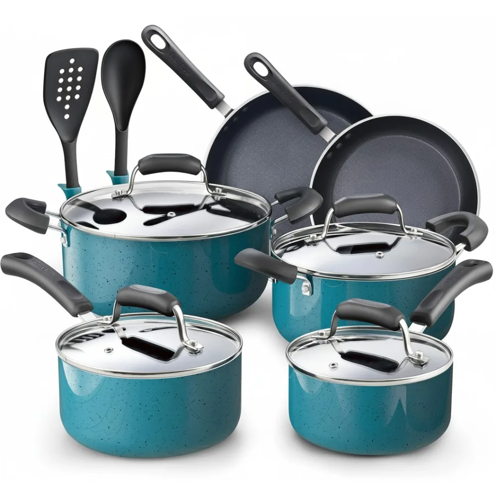 

Набор посуды с антипригарным покрытием, 12 предметов, сковороды и кастрюли, индукционная совместимость, бирюзовый для домашних повара