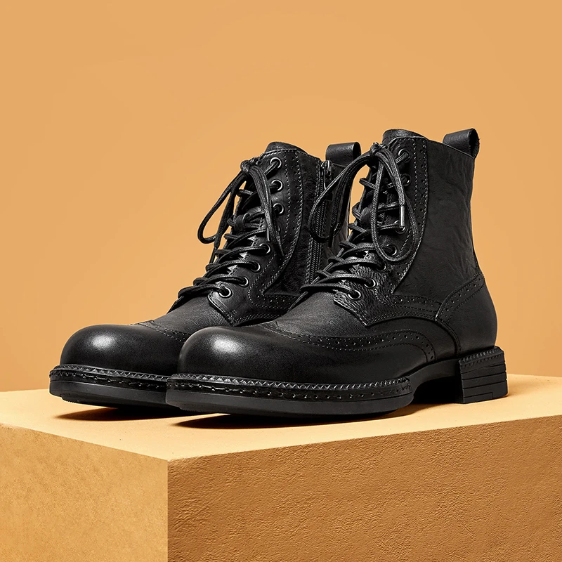 Soft Genuine Leather Carving Ankle Short Boots Men\'s Spring Autumn Lace Up Brogue Shoes Cool Man