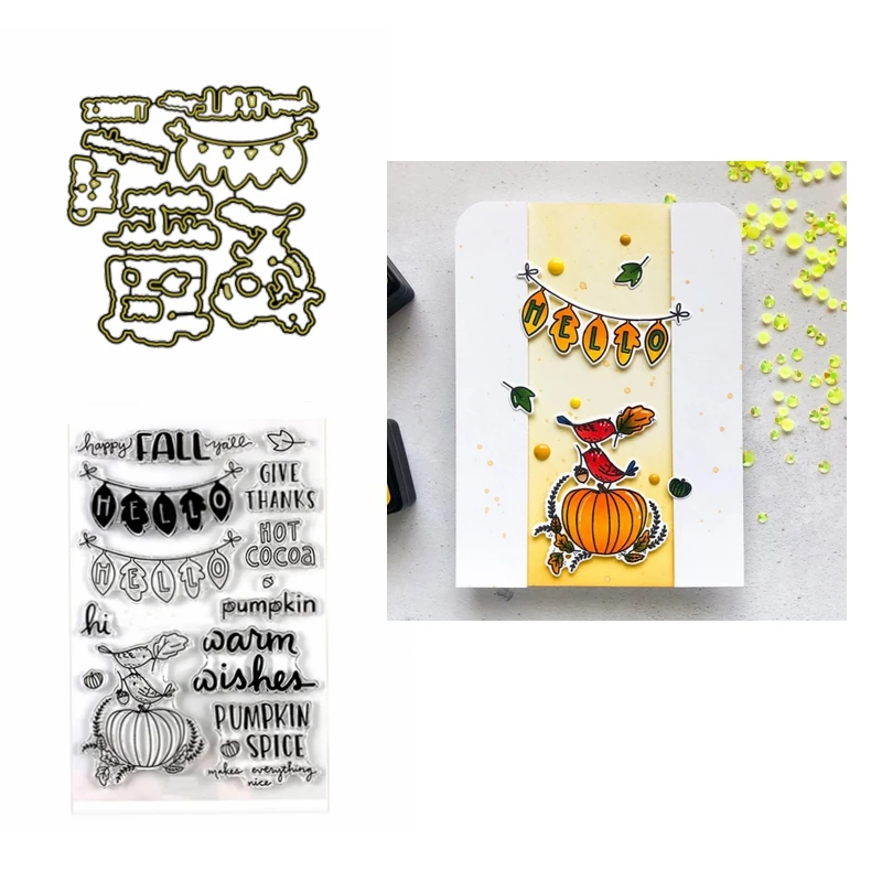 

Hello Happy Fall Pumpkin Clear Silicone Stamps Words Banner Frame Cutting Dies for DIY Scrapbooking Thanksgiving Day Paper Card