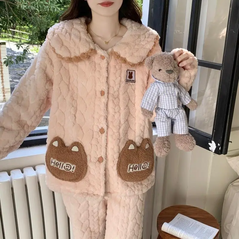 Princess Style Autumn Winter Thick Pajamas Lapel Long Sleeve Coral Fleece Sleepwear Suit Cute Warm Women Home Clothes Nightwear
