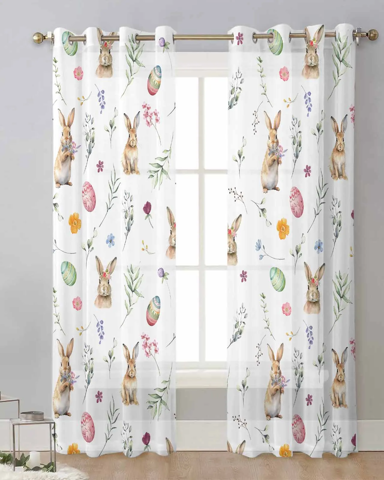 Easter Eggs Bunny Spring Flowers Sheer Curtains for Living Room Window Curtains for Kitchen Modern Tulle Voile Curtains