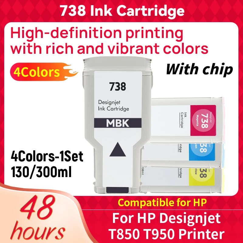 130ml/300ml HP738 738 738XL Compatible Inkjet Ink Cartridge for HP DesignJet T950 T850 Printer 676M6A 676M7A 676M8A 498N8A