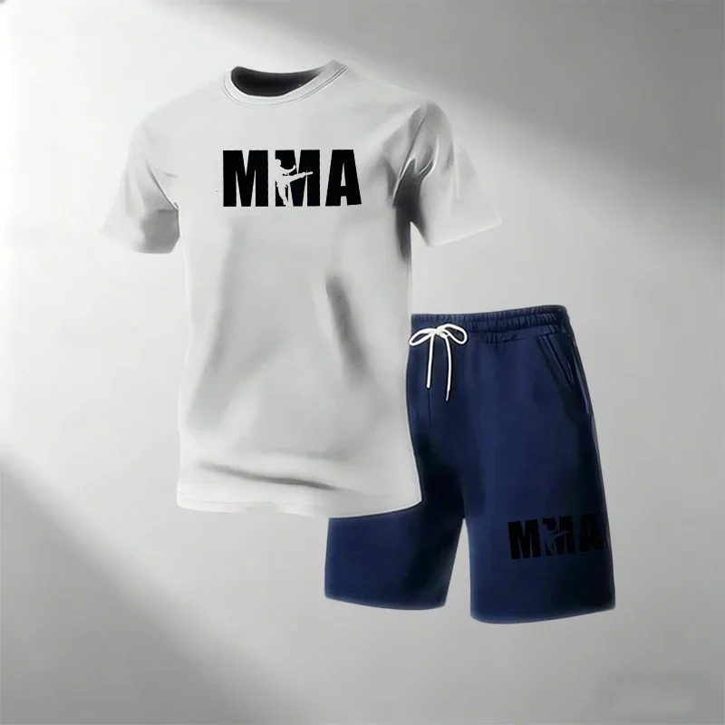 Trendy Streetwear Men 2 Piece T Shirt Shorts Set Short Sleeve Drawstring Shorts Casual Sportswear Running Daily Male Summer Suit view 3