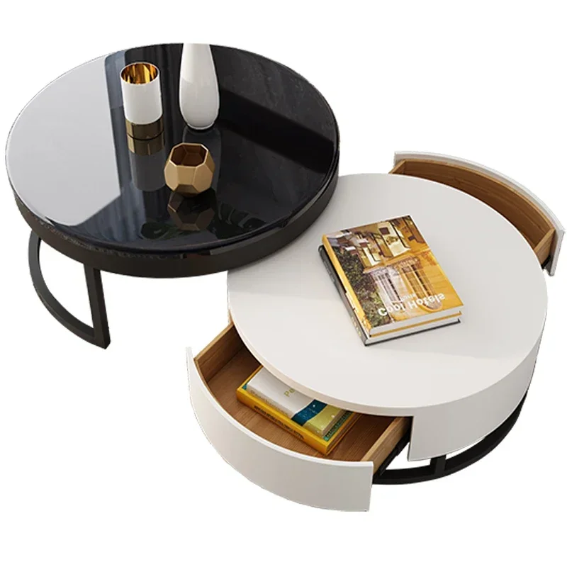 Round Coffee Table Belt Storage Light Luxury Coffee Table Set Stainless Steel Top Glass Modern Customized Living Room Furniture