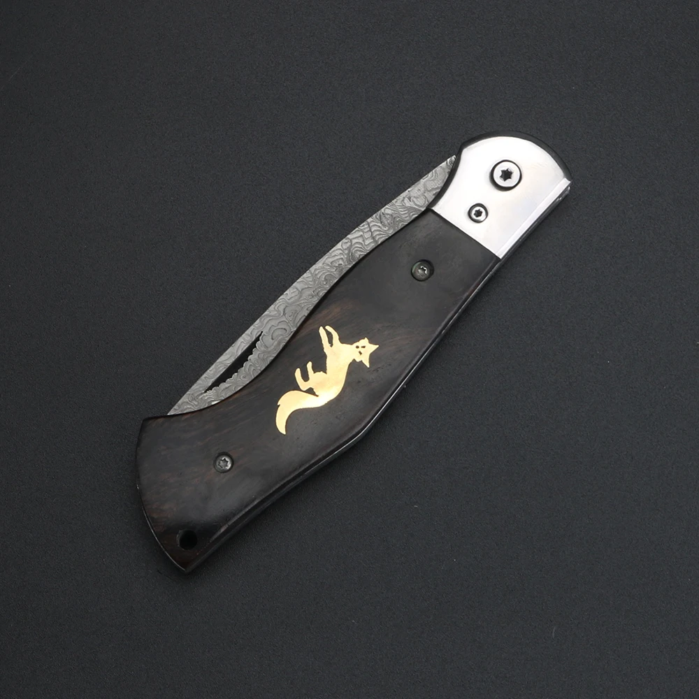 Cuchillo plegable con mango de sándalo Fox, cuchillo de Damasco de alta dureza para exteriores, cuchillo de caza para acampar
