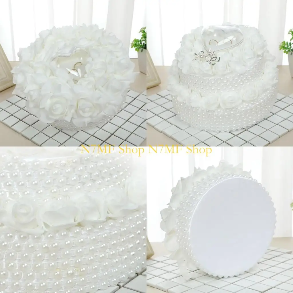 

N7MF Flower Cushion Pillow with Heart Shaped Ring Box Rose Flower Pearl Ring Holder
