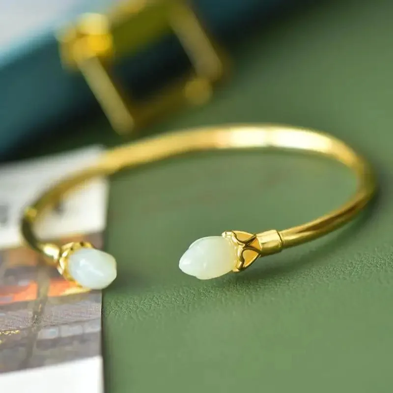 天然ネフライト白翡翠銅製バングル女性用ヒーリングジェムストーン高級ジュエリー本物の中国和田玉蘭開口バングル