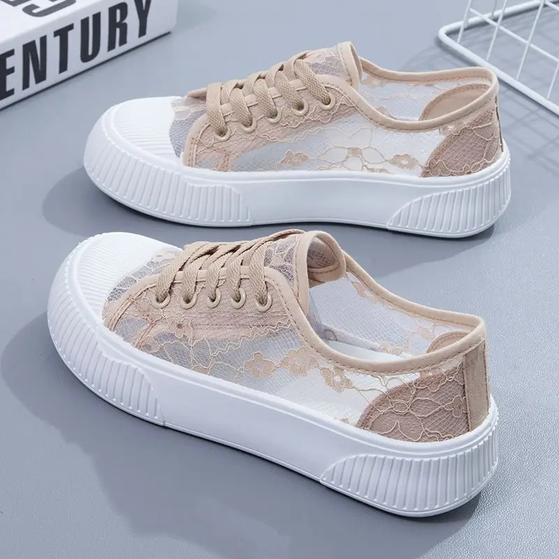 Women\'s Vulcanized Shoes Summer Fashion Lace Mesh Breathable Casual Sneakers Chunky Lace-up Flats Zapatillas Para Mujer