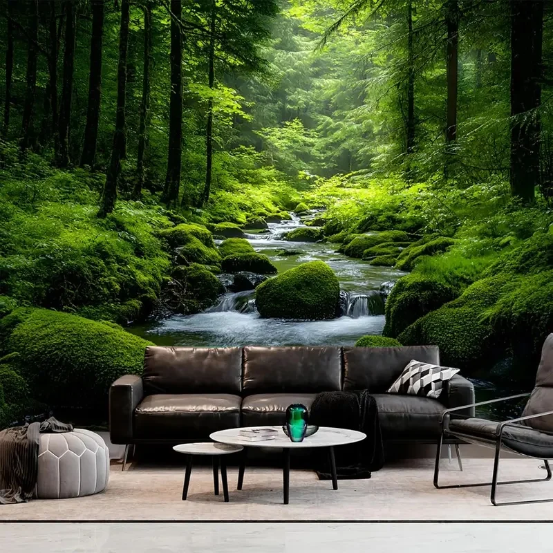 VIKAMA Green Forest Stream Tapestry Wall Hanging Natural Moss Rock Landscape Design Aesthetic Backdrop for Bedroom Wall Decor
