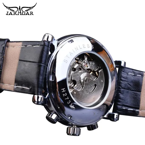 Imagen 2 del producto Reloj mecánico automático JARAGAR 1166 para hombre, esfera con números romanos de seis agujas, correa de cuero genuino, relojes de negocios con fecha semanal