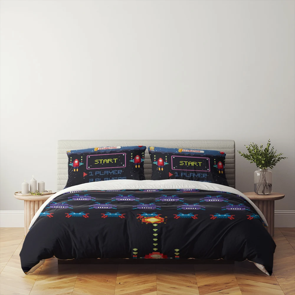 8 Bit Shooting Game Duvet Cover Set Gift for Steam Fans,Single Double Full Queen King Quilt Cover