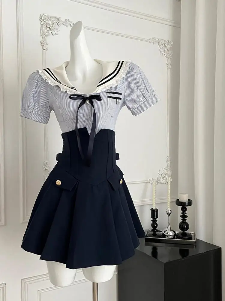 

Summer College Style Two Piece Set Women Blue Stripe Patchwork Short Sleeve Lapel Button Tops + High Waist Pleated Half Skirts
