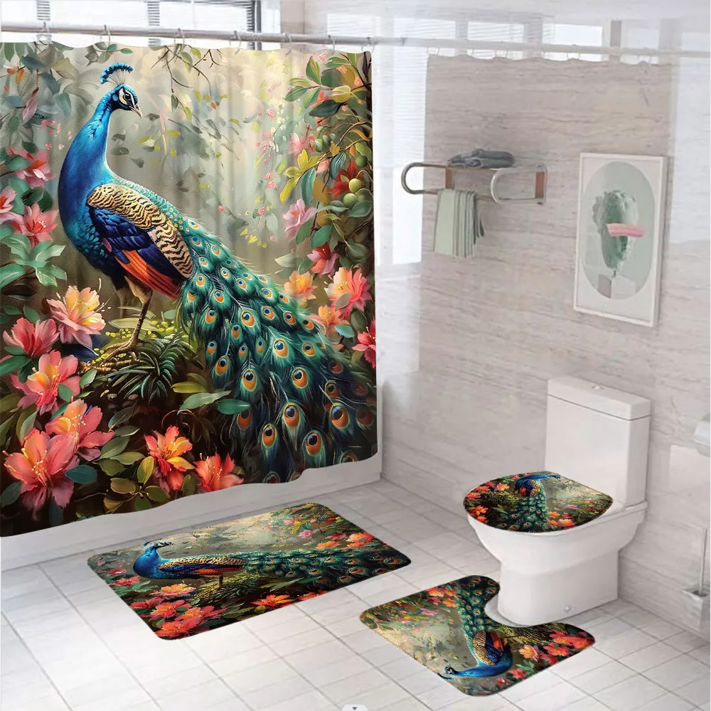 Peacock Bathroom Set with Shower Curtain Rugs Accessories Blue Feather Bird Flower Plant Non-Slip Rugs Toilet Lid Cover Bath Mat