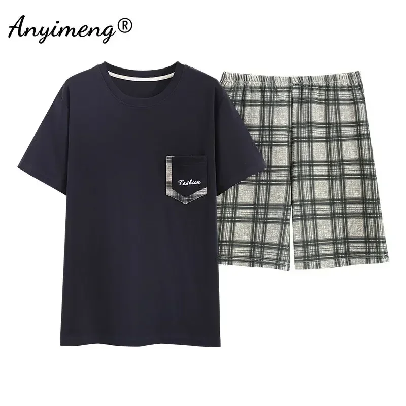 Mens L-5XL Summer Cotton Homesuit Fashion Elegant Plaid Pants Shorts Pajamas Set for Man Leisure Sleepwear Boys Pullover Pijamas