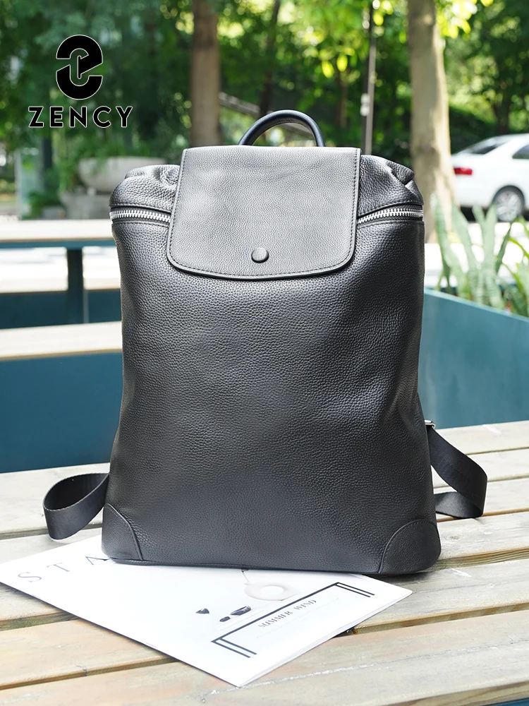 Zency 2025 Genuine Leather Black Backpack Multi-pocket Design Knapsack Flap Bag for Summer Winter Large Capacity For A4 Ipad