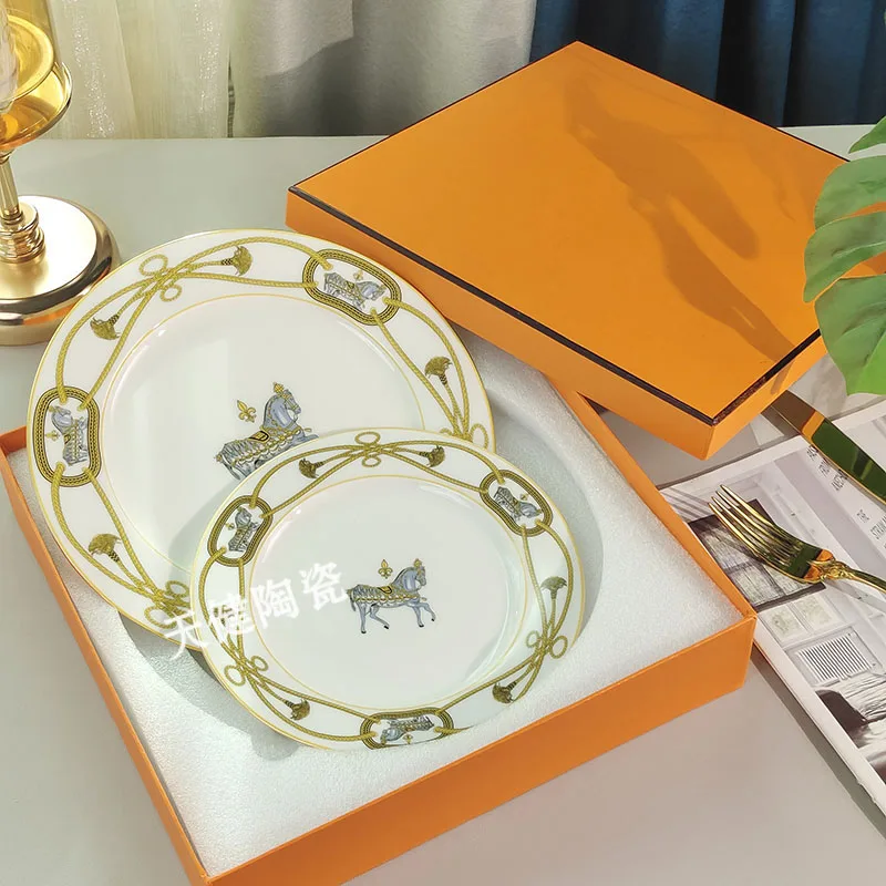 Bone China Western Food Plate Suit Orange Royal Horse Series European Retro Coffee Set Court Hotel Household Utensils  Dishes