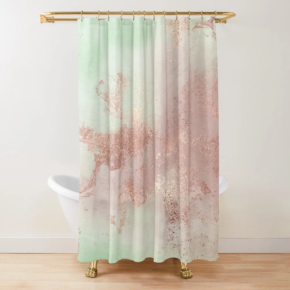 

Mint Green Canvas Texture with Copper Faux Marble Effect Shower Curtain Waterproof Shower And Anti-Mold Curtain