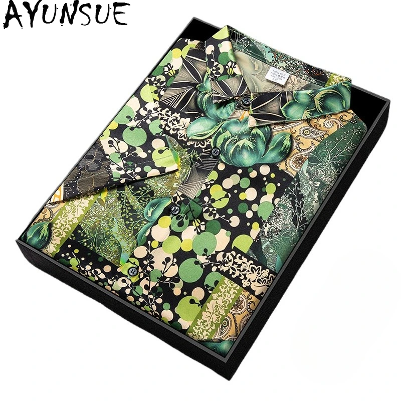 AYUNSUE 92% Mulberry Silk 8% Spandex Shirts for Men Summer Fashion Casual Shirt Short Sleeve Satin Tops Man Clothing Green Shirt