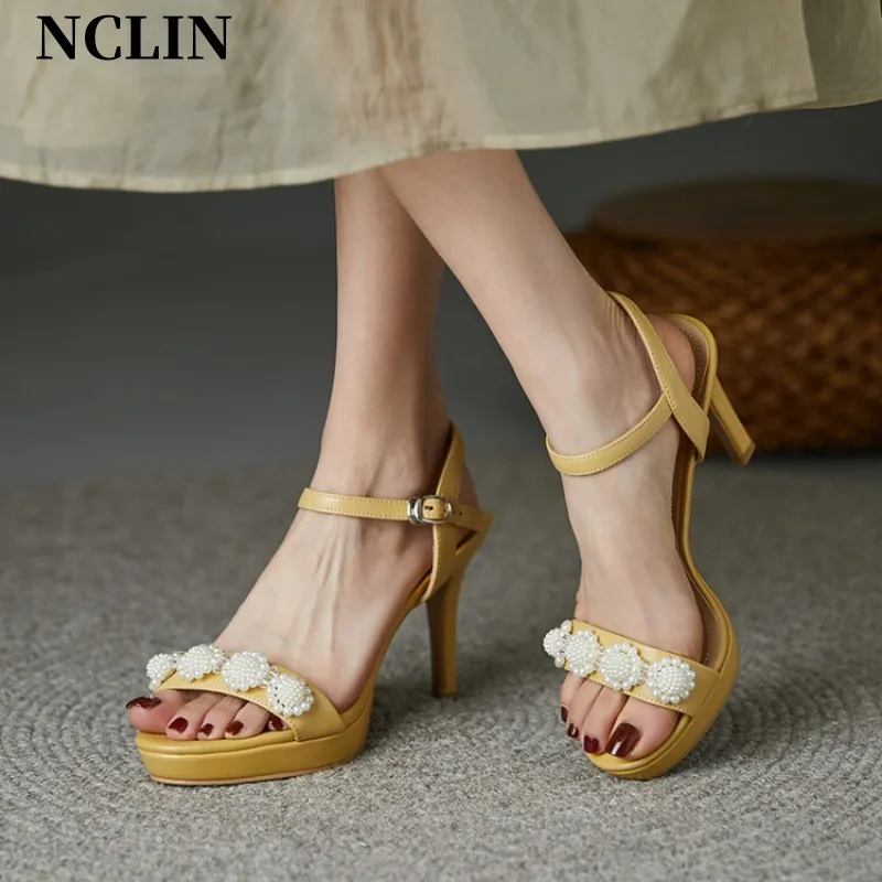 New 2024 Summer Sandals Women Shoes Round Toe Thin Heel Sandals Solid High Heels Genuine Leather Shoes for Women Party Shoes