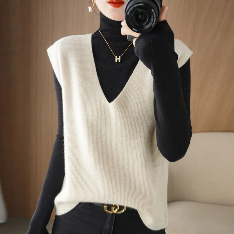 Autumn Winter Fashion Vest Ladies Knitted Cashmere Sweater Women Sleeveless V-Neck Pullover Korean Female Vest Loose Soft Tops