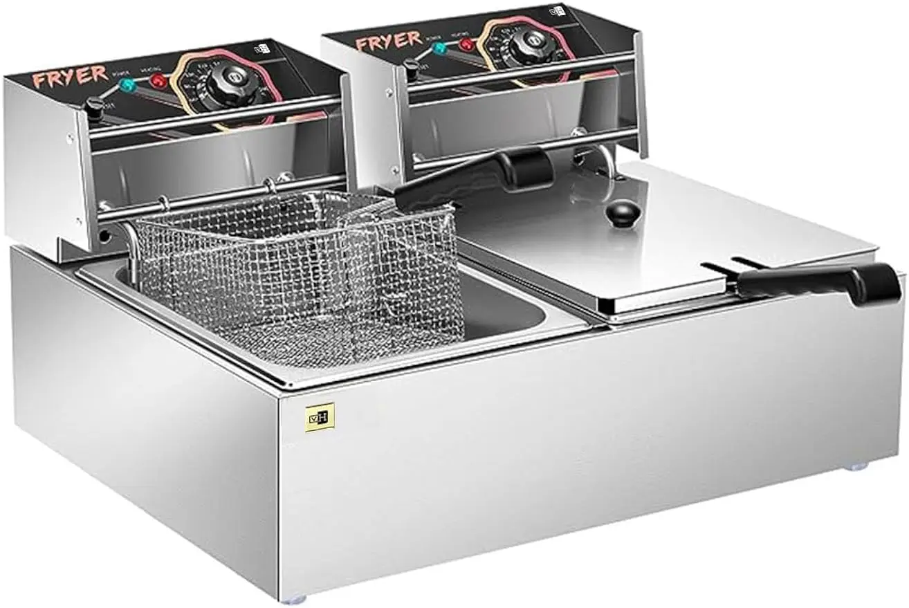 

110V 20.7 Qt Commercial Electric Deep Fryer with 2 x 6.35 QT Removable Baskets, Overheat Protection