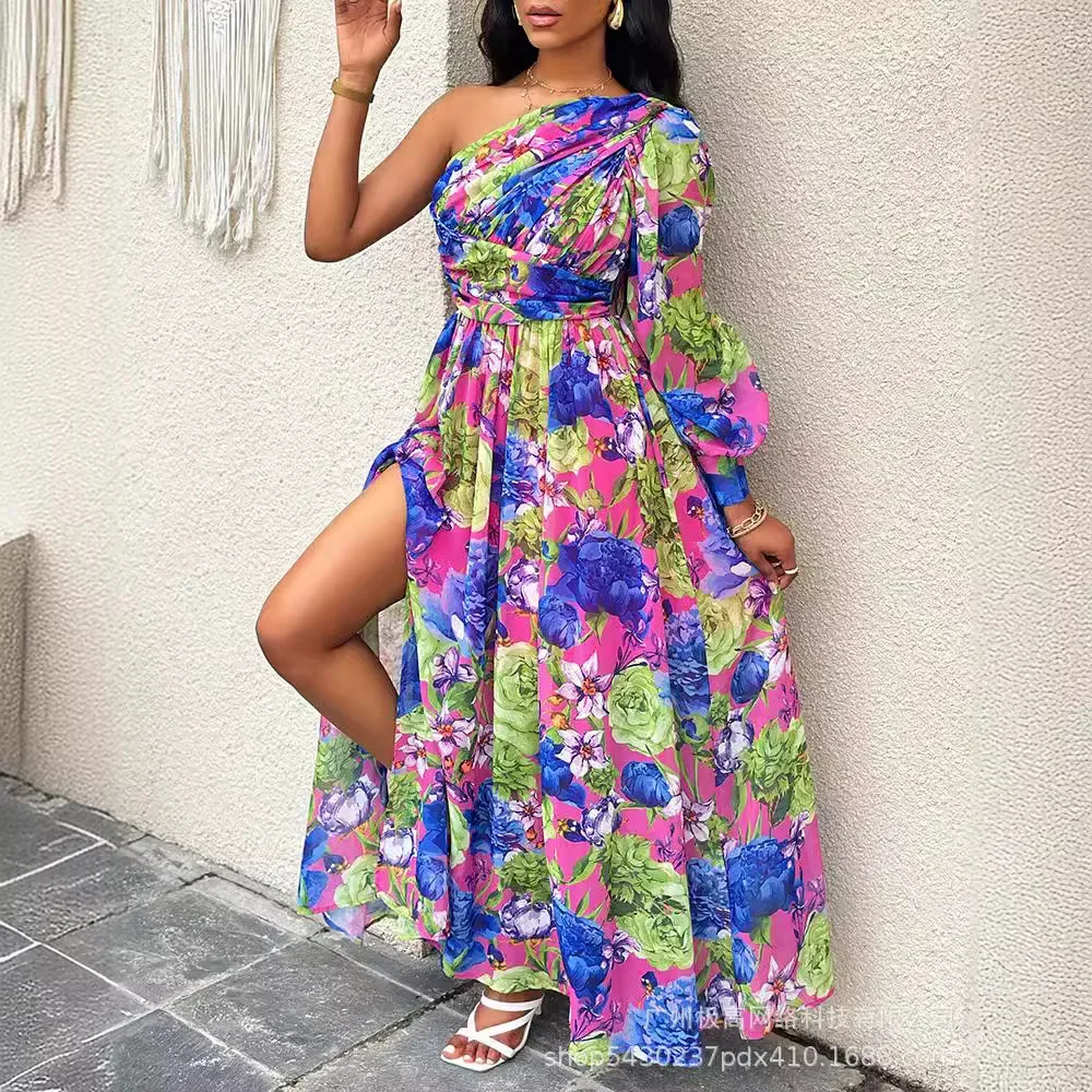 

Lantern Sleeve One Shoulder High Slit Floral Maxi Dress Women High Waist Fashion Casual Long Loose Dress Flower Floral