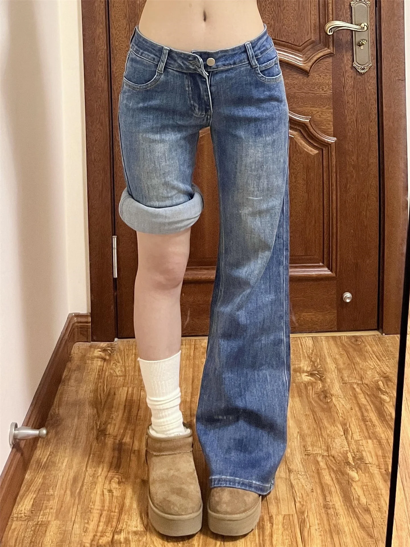 

American Style Vintage Deep Blue Low Waist Flared Jeans Women's Loose Drapey Not Legging Floor-Length Pants Casual Cotton