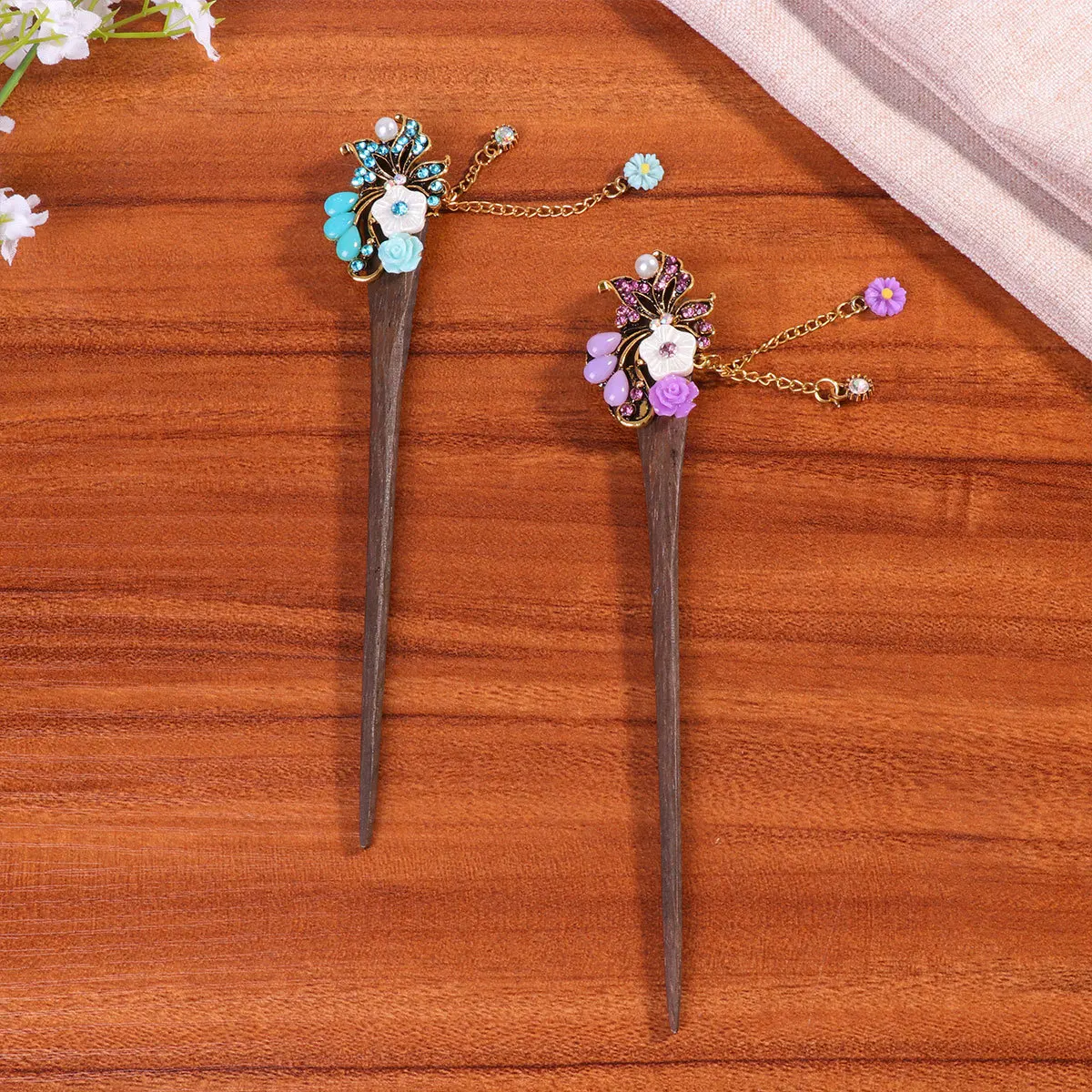 

2Pcs Wooden Hairpin Crystal Vintage Flower Rhinestone Hair Chopstick National Style Hair Accessories for Women Bride Purple Blue