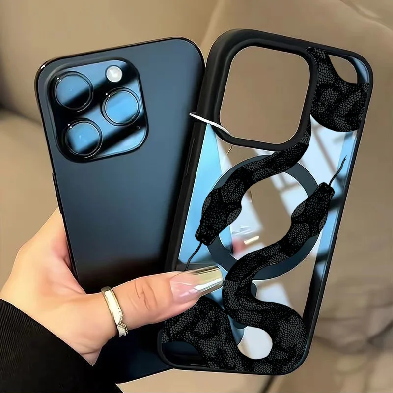 

Магнитный чехол для телефона с черным змеиным узором, подходит для iPhone 17, 16, 15, 14, 13, Pro/Max/Plus, прозрачный защитный чехол с защитой от падения